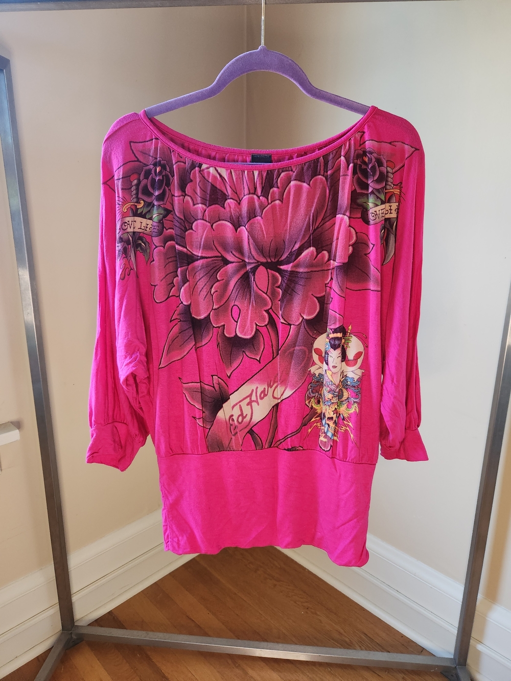 Ed Hardy Hot Pink Floral Graphic Women’s Top